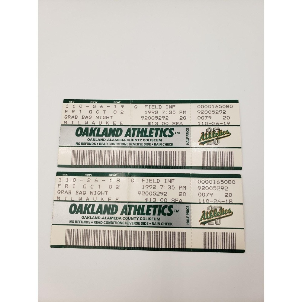Pair Oakland A's Tickets 10/02/92 Rickey Henderson SB #1042 Robin Yount H #3025